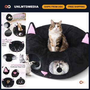 Fuzzy Cat Tunnel Bed for Indoor Cats - 2-in-1 Interactive Cat Toy & Hideaway